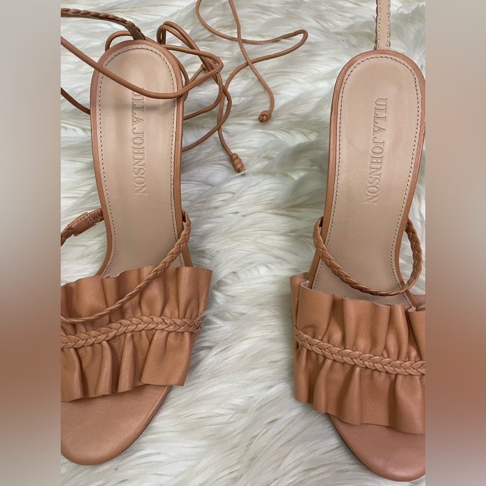 Ulla Johnson Floral Ruffle Strappy Leather Sandals Heels Brown Size 37/ US 6.5 - Picture 2 of 6